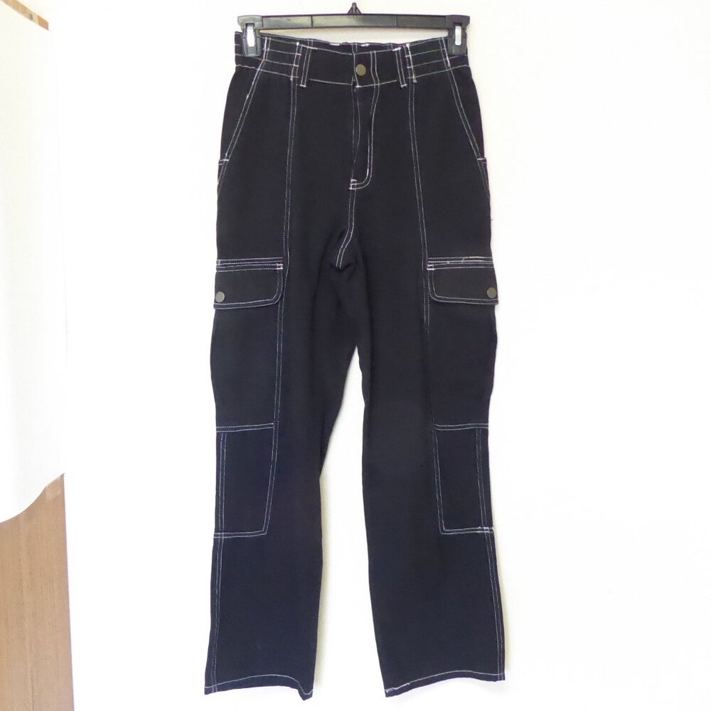 NEW without tags RSQ black carpenter cargo jeans white stitching baggy sz small
